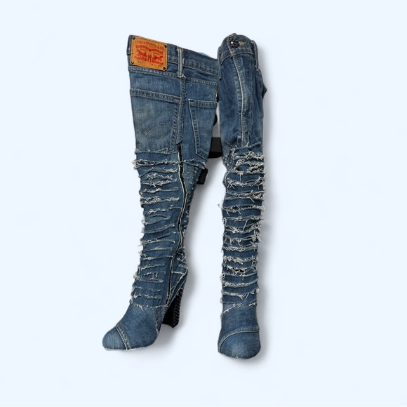 Shoe Republic LA Shoes - Distressed Levi Denim Thigh High Stiletto Rhinestone Boots Sz 10 Punk Y2K Grunge